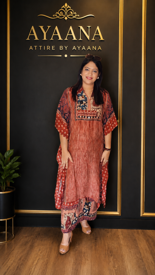 Pure muslin ajrakh print loose fit kaftan two piece set (S110)