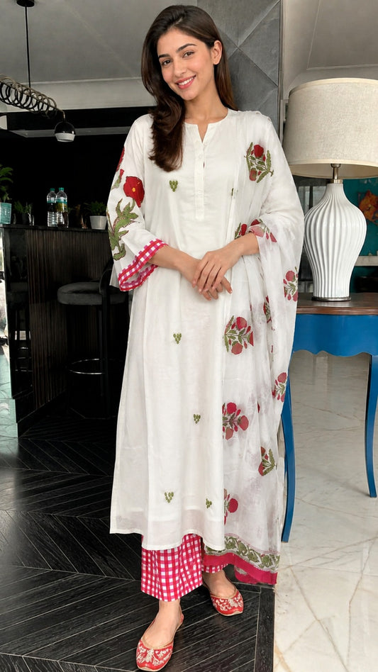 Mugal print pure cotton with lining applique work smart three piece set (B785)