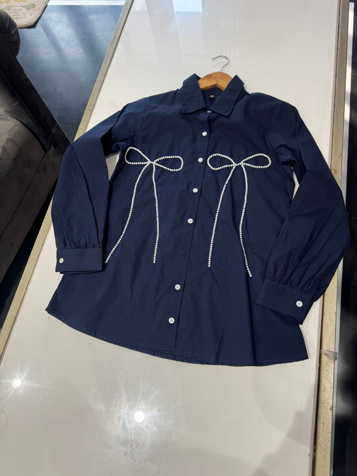 Blue pure cotton with pearl work smart shirt (A1809)