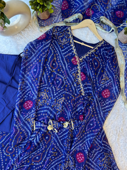 Blue bandani pure chiffon Angrakha pattern three piece set (A1084)