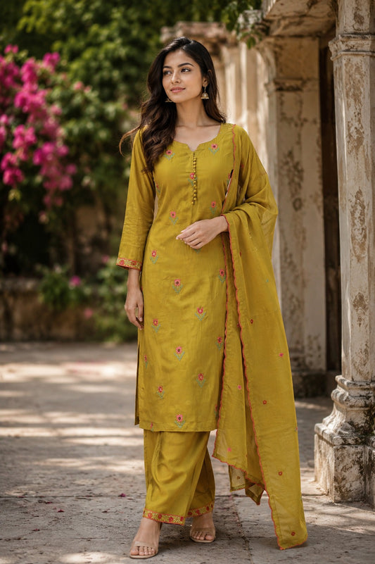 Mul chanderi with thread work three piece set (S261)