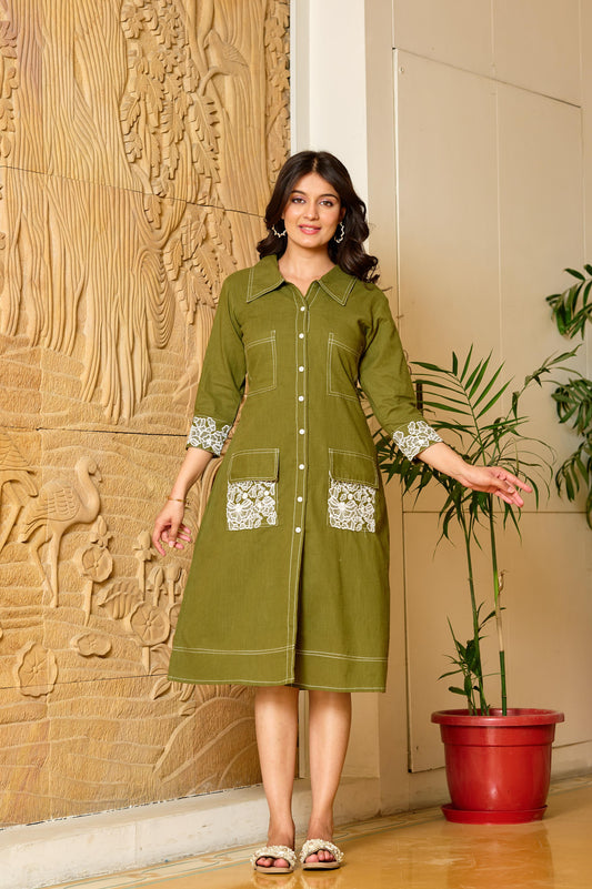 Olive greeb pure linen with lining smart one piece dress (A242)