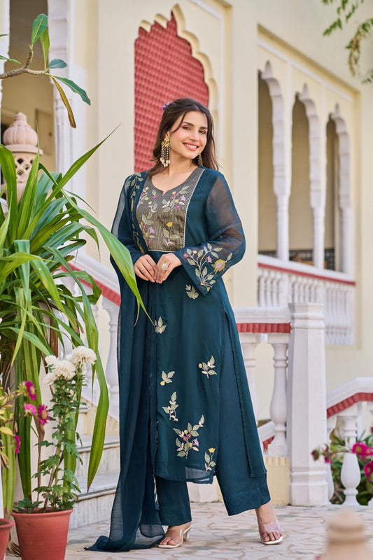 Soft organza with zari work three piece set (B406)