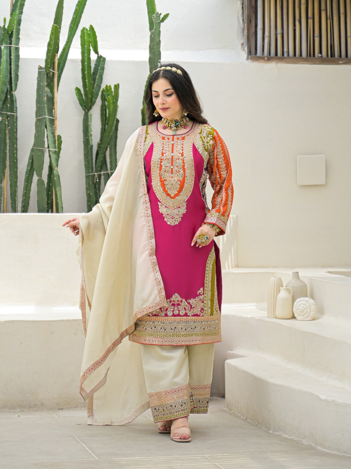Pure chinnon full work pink based three piece set (A931)