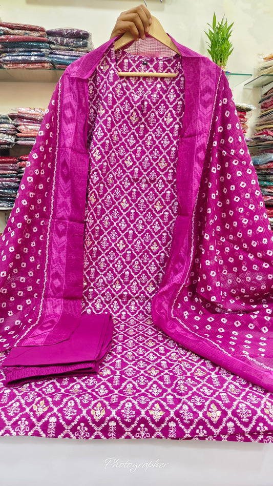 Pink pure cotton with kota dupatta three piece set (A991)
