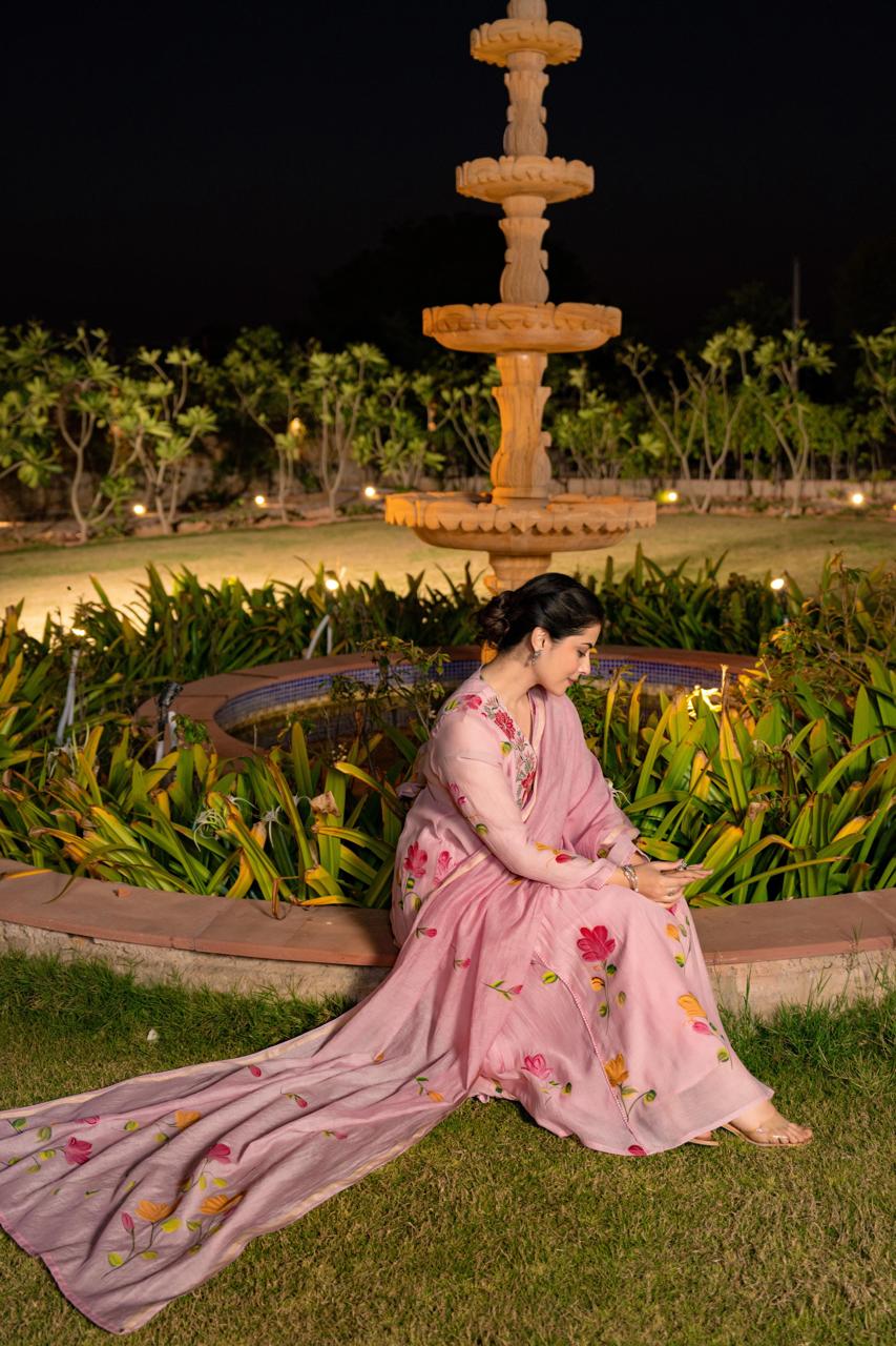 Pink pure mul chanderi with full thread embroidery on neck line designer three piece set (P1897)