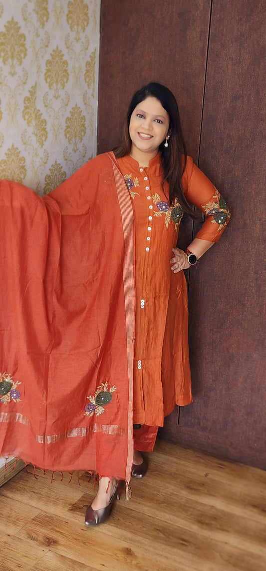 Rust mul chanderi with full applique work three piece set (P894)