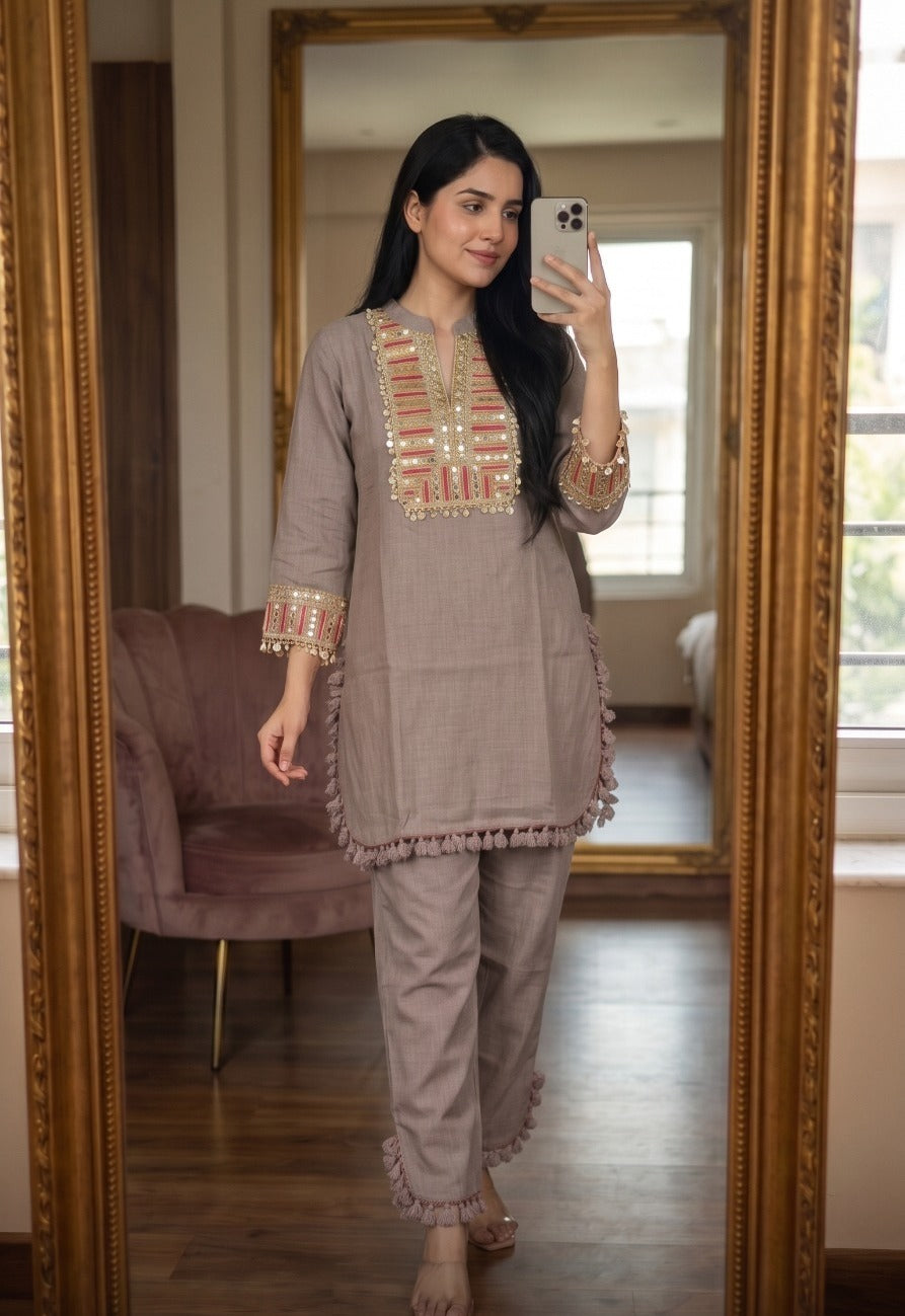 Smart linen with real mirror work two piece cordset (C396)