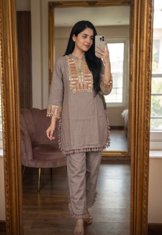Smart linen with real mirror work two piece cordset (C396)