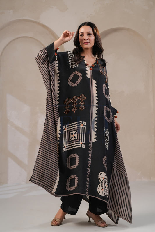 Black contemporary print pure crape silk kaftan set (A142)