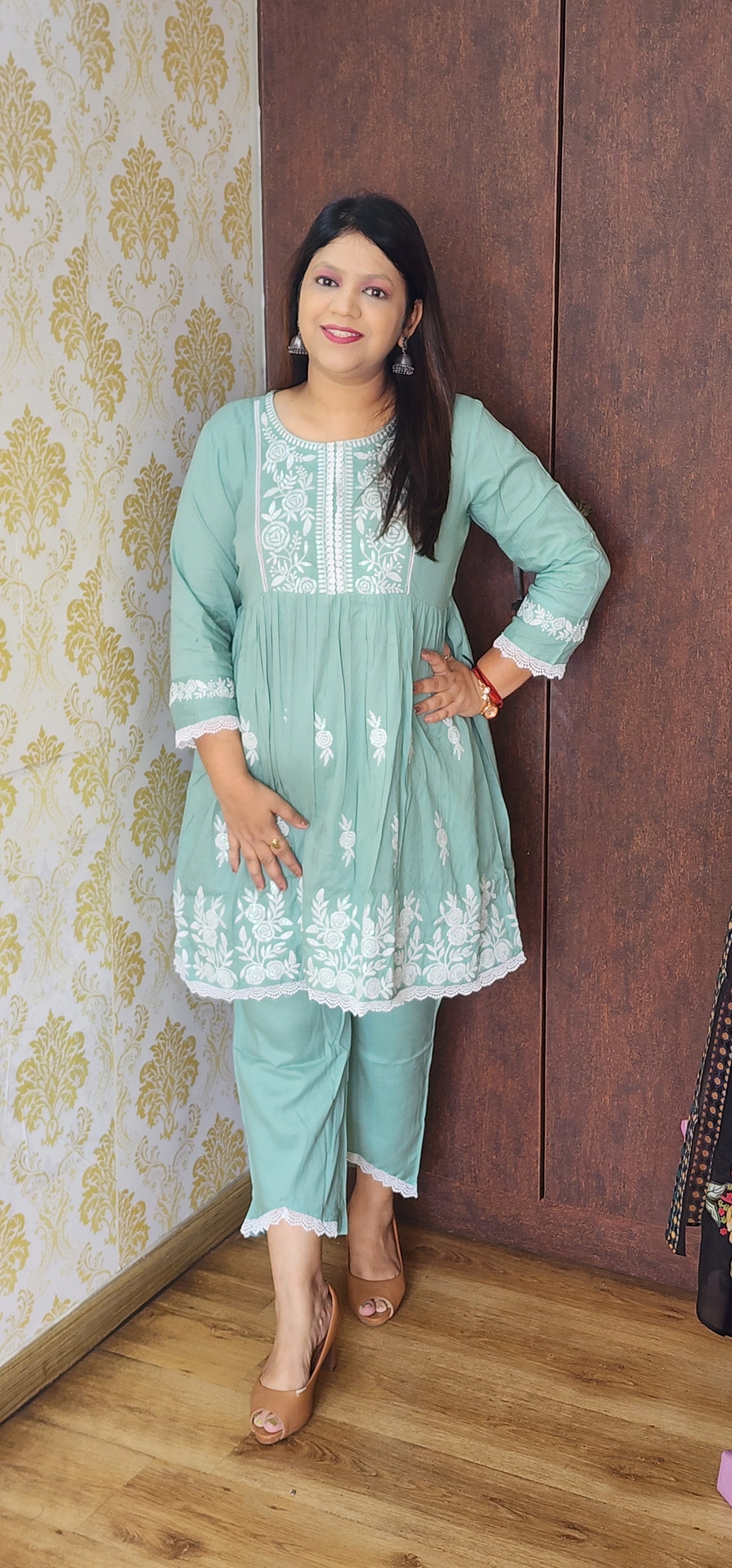 Sea green fully chikankari cordset (P605)