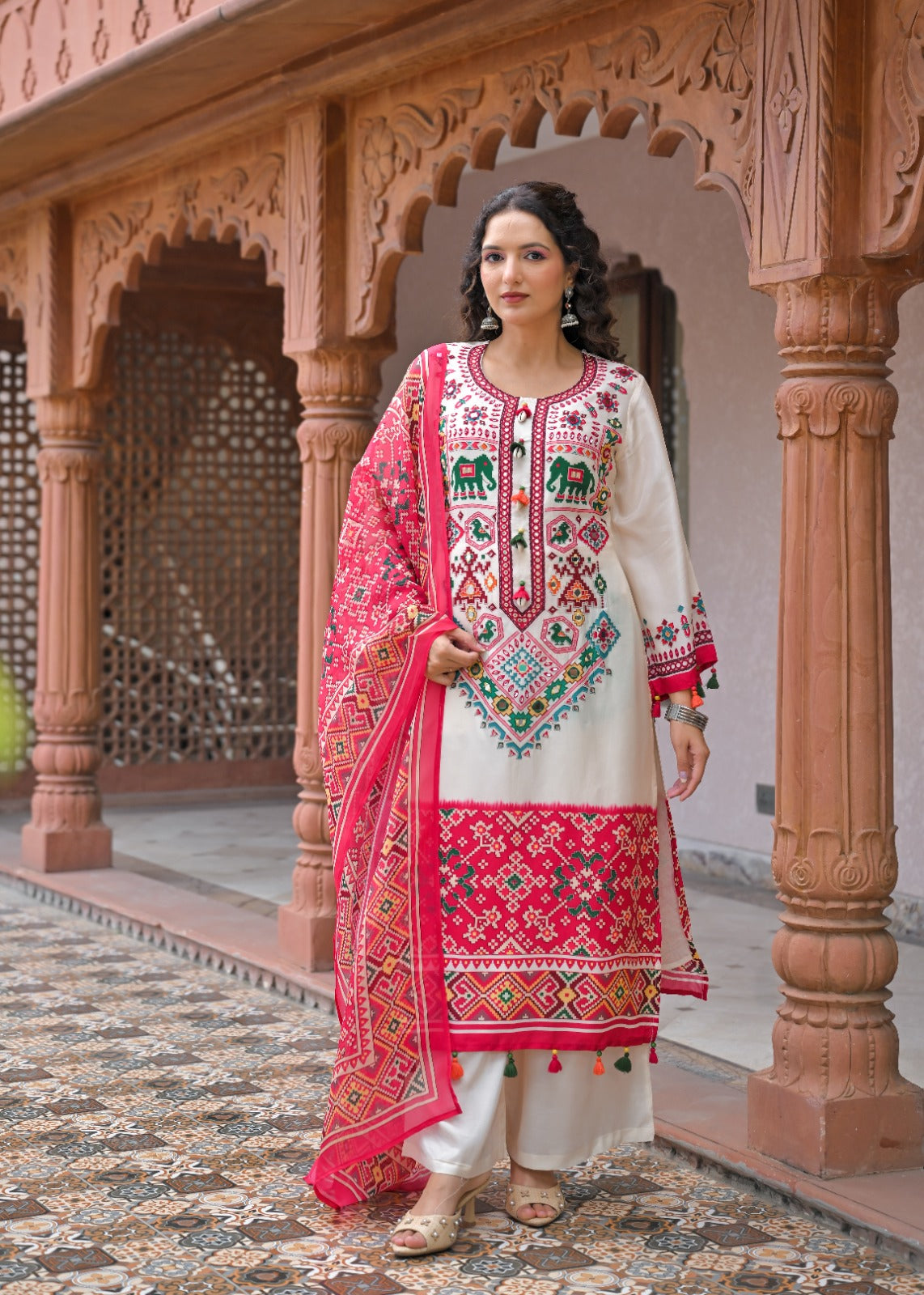 Pure Russian silk patola print with lining smart three piece set (C714)