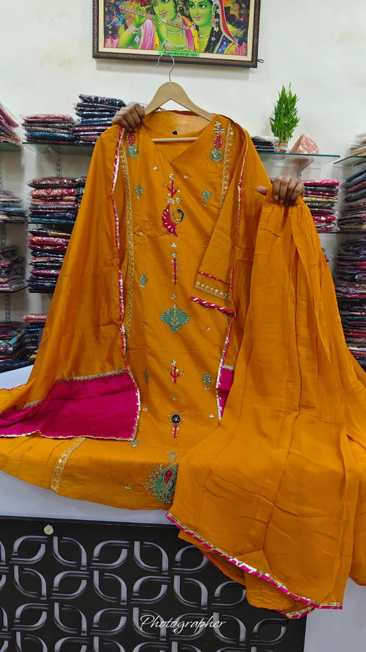 Pure mul chanderi with chinon sharara three piece set (A1186)