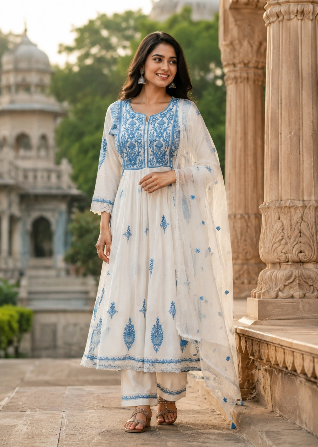 Mul cotton full embroidered with lining flared three piece set (B937)