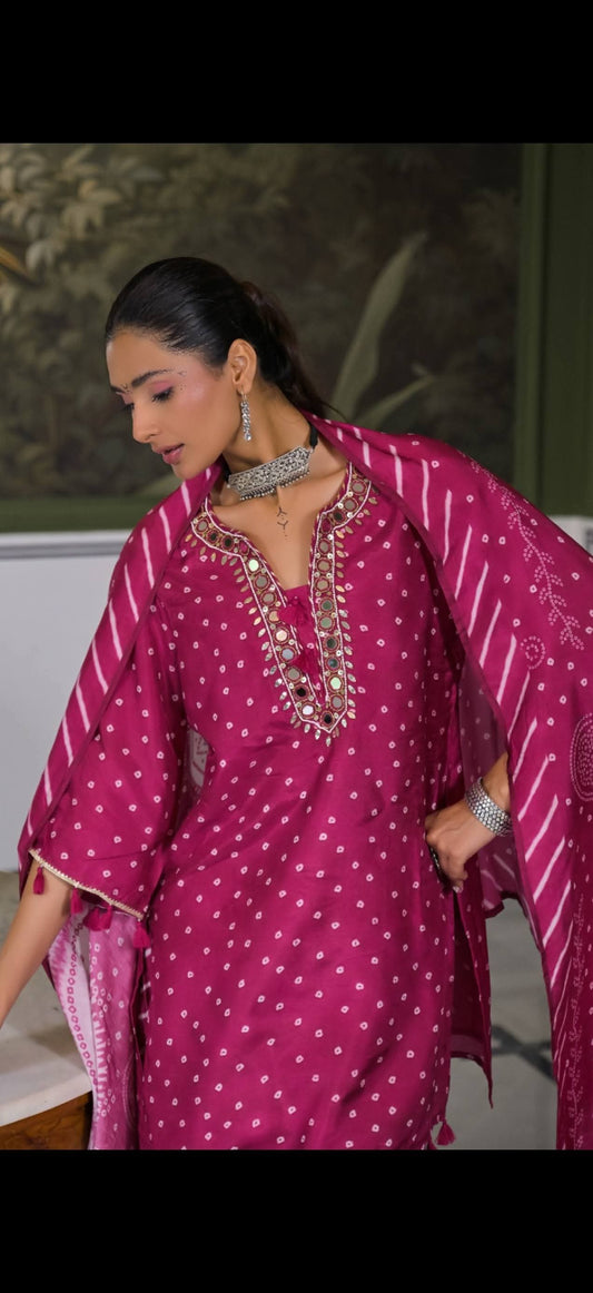 Pure dola silk with heavy neck work and paired with farshi salwar three piece set (C526)