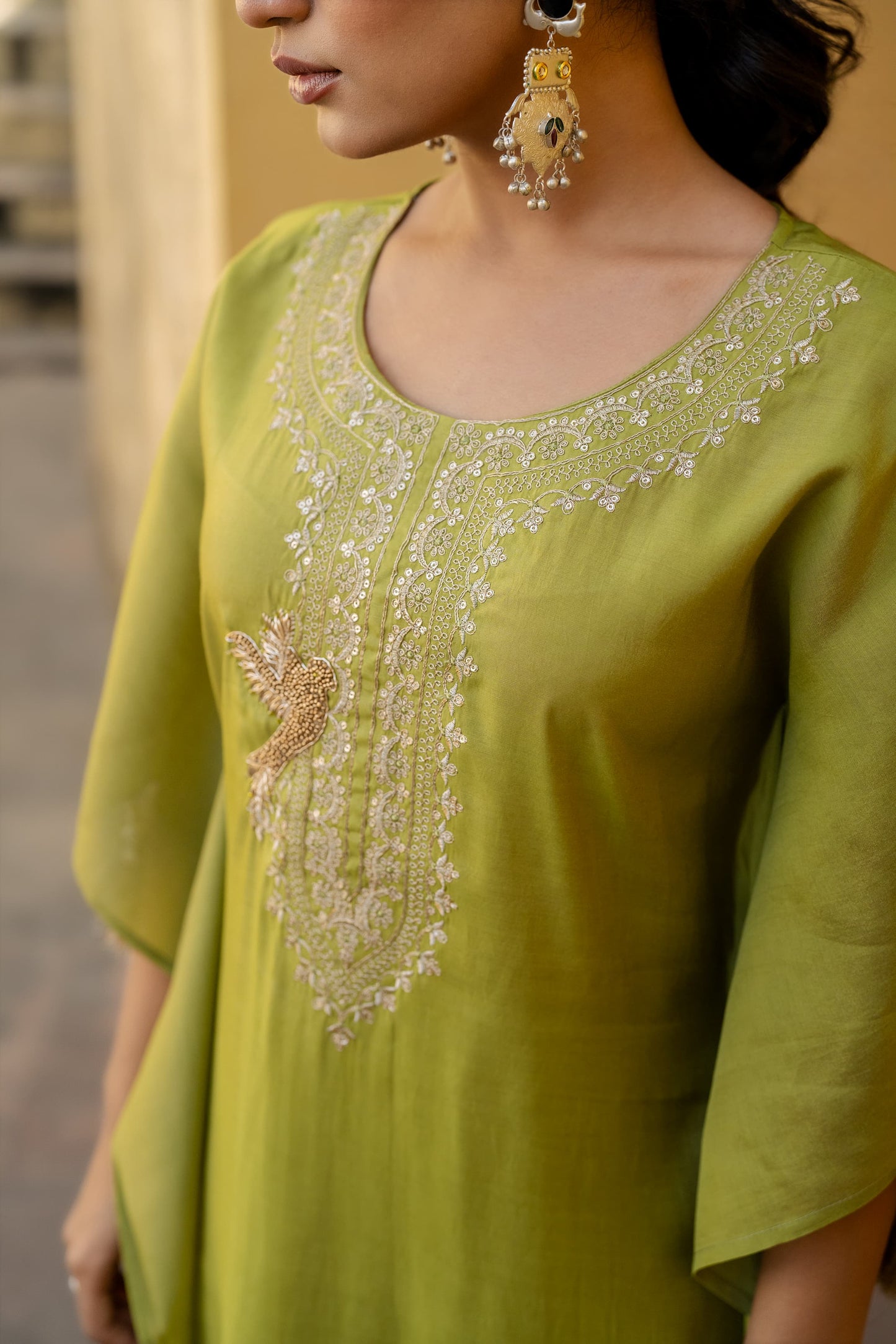 Light green pure shimmer tissue designer kaftan set (P1341)