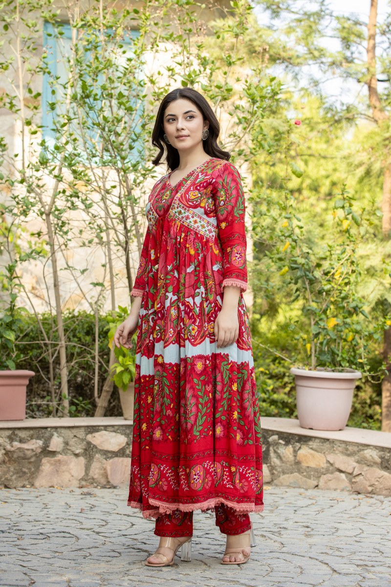 Tomato red heavy cotton rayon designer three piece cordset (P295)