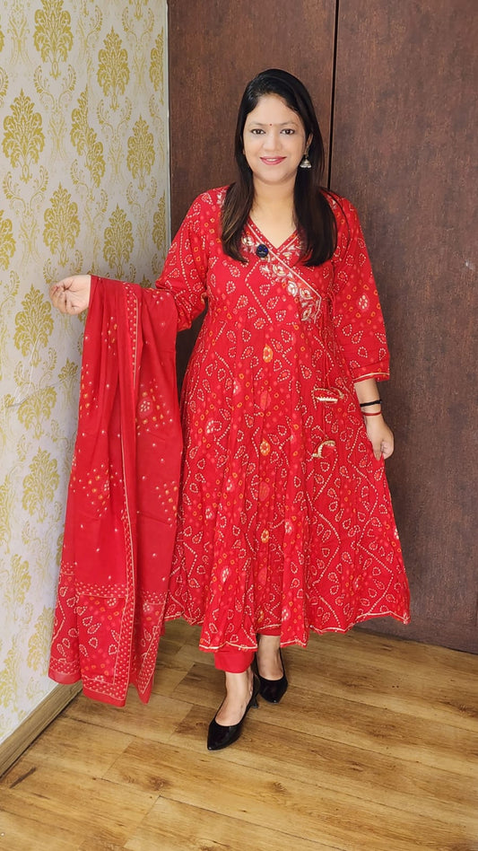 Red pure cotton Angrakha pattern three piece set (A1080)