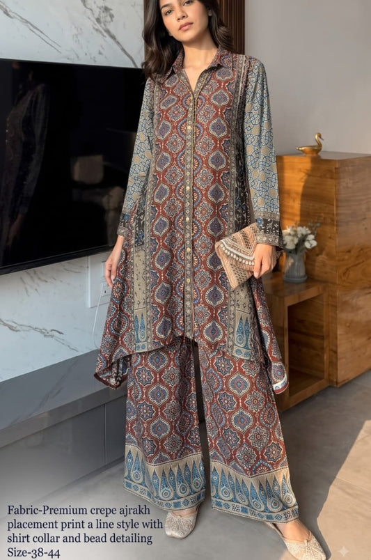 Natural crape Ajrakh print smart two piece cordset (S283)
