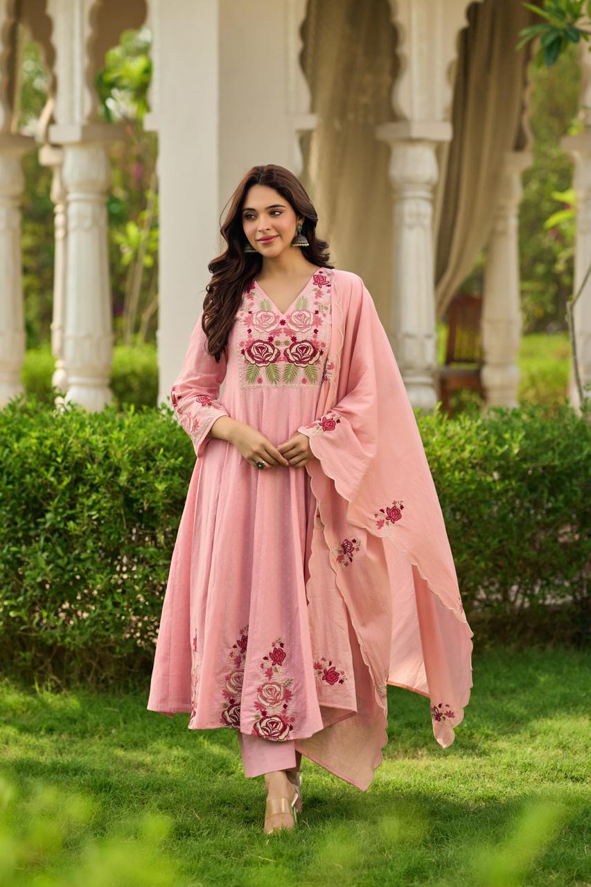 Dobby cotton A line Fully thread work three piece set (B854)