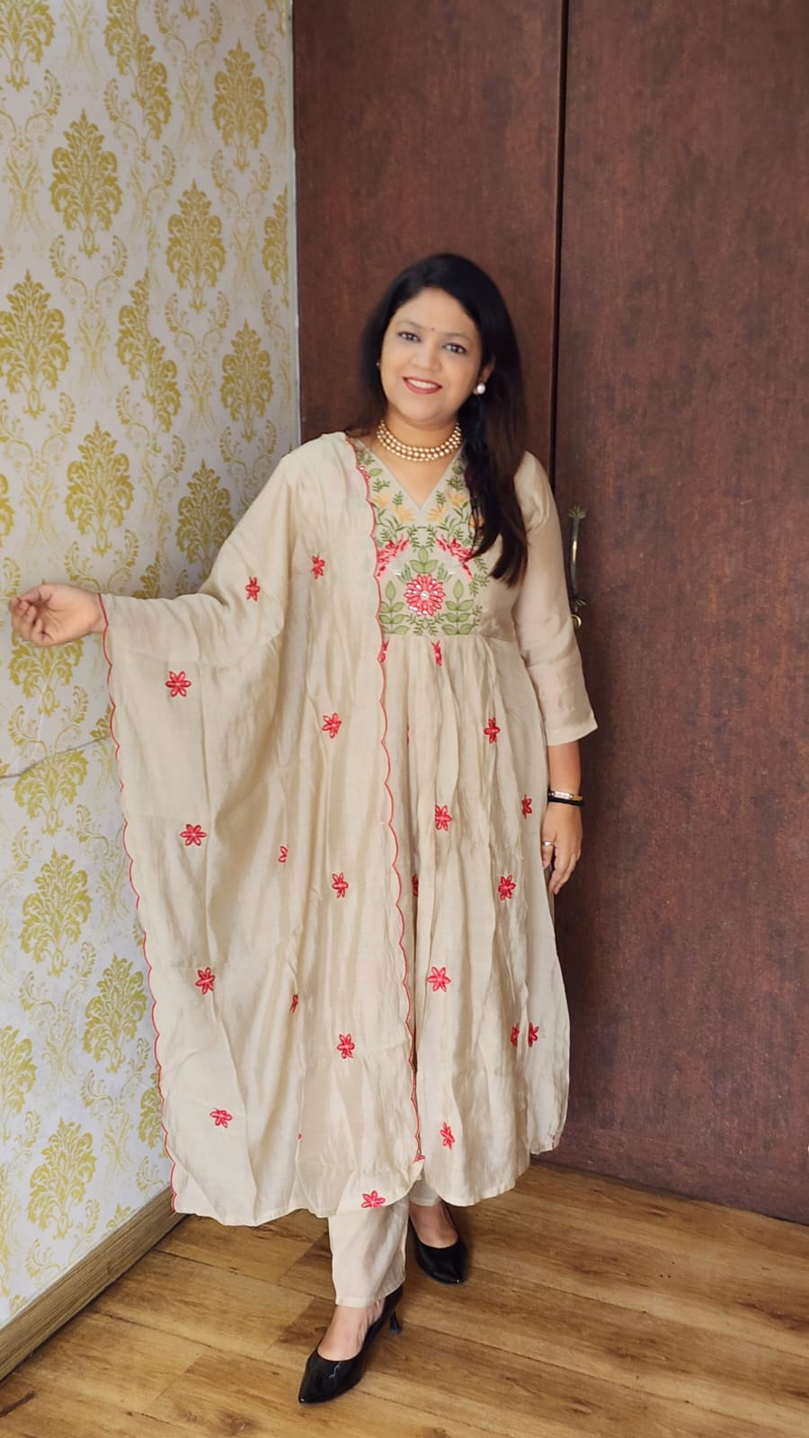 Beige mul silk designer three piece set (A405)