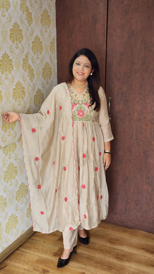 Beige mul silk designer three piece set (A405)