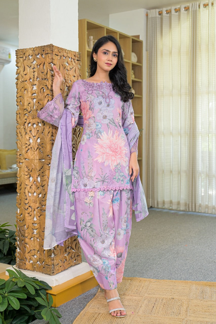 Lilac colour pure cotton farshi salwar three piece set (A294)