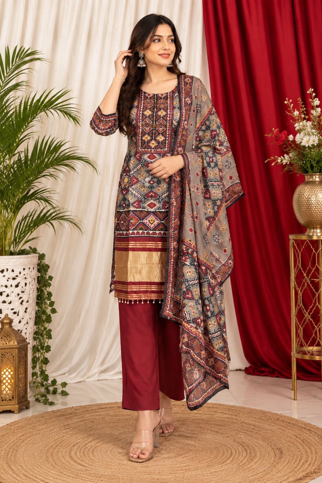 Russian silk patola print with lagdi border three piece set (C635)