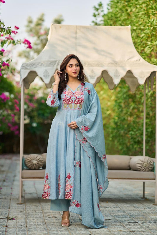 Dobby cotton A line Fully thread work three piece set (B855)