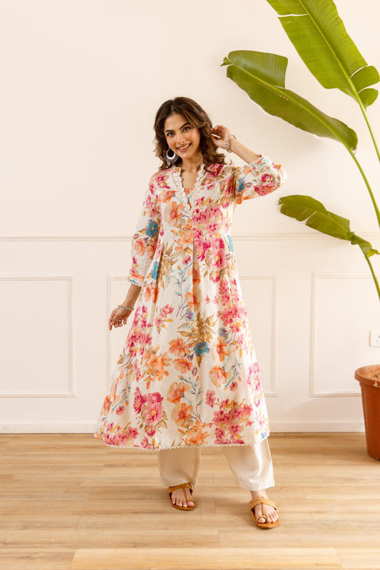 Cotton net chanderi floral print smart two piece cordset (B972)