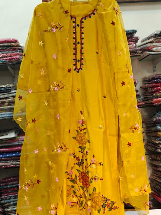 Bright yellow pure muslin fully thread work with organza dupatta three piece set (P1393)