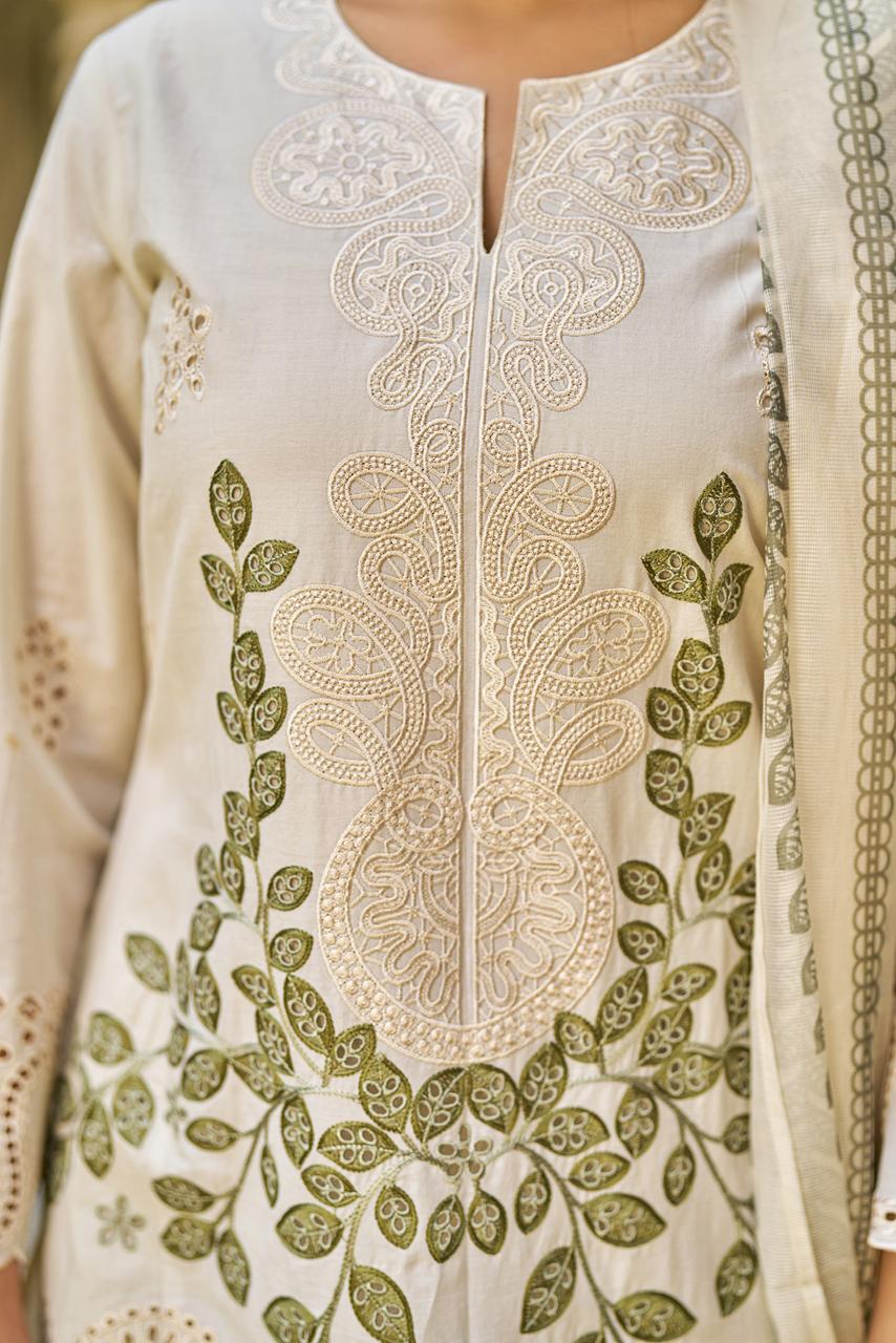 Pakistani pattern pure cotton fully embroidered stylish three piece set (B629)