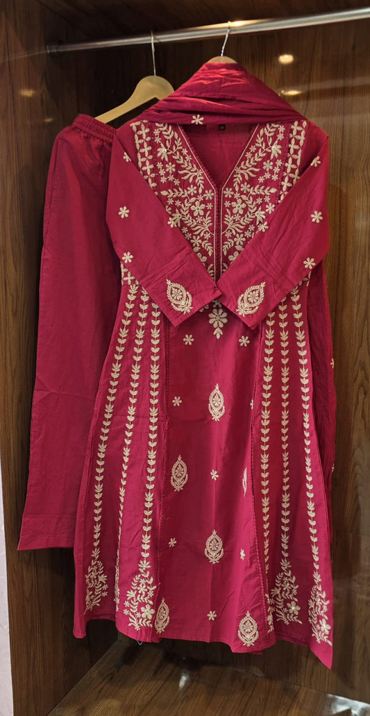Pure cotton chikankari work A line pattern three piece set (S307)