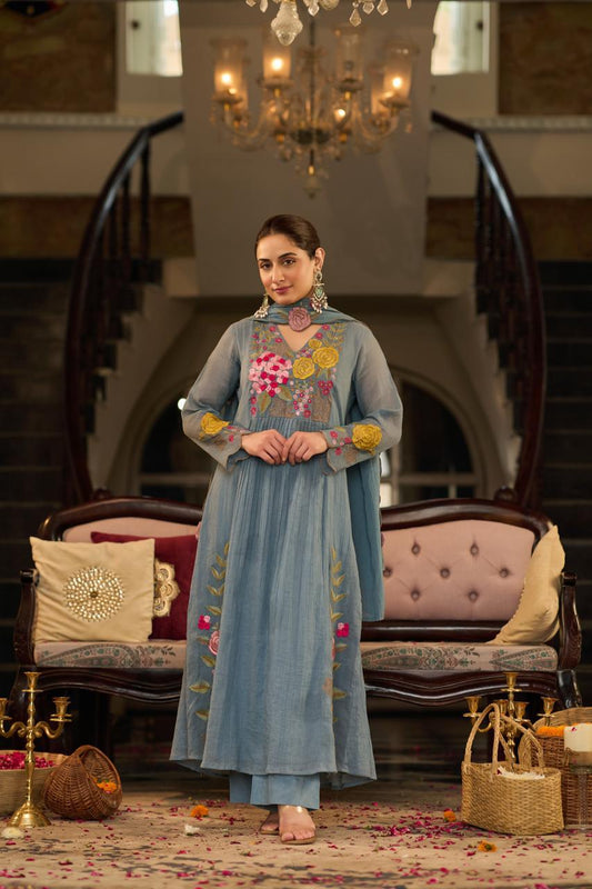 Crush cotton with mul lining fully embroidered three piece set (B840)