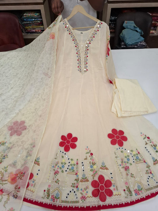 Pure mul chanderi with real mirror and full embroidered three piece set (B240)