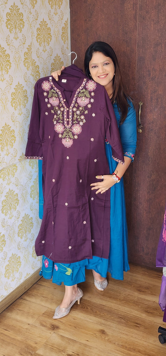 Purple jamadani handloom cotton three piece set (P817)