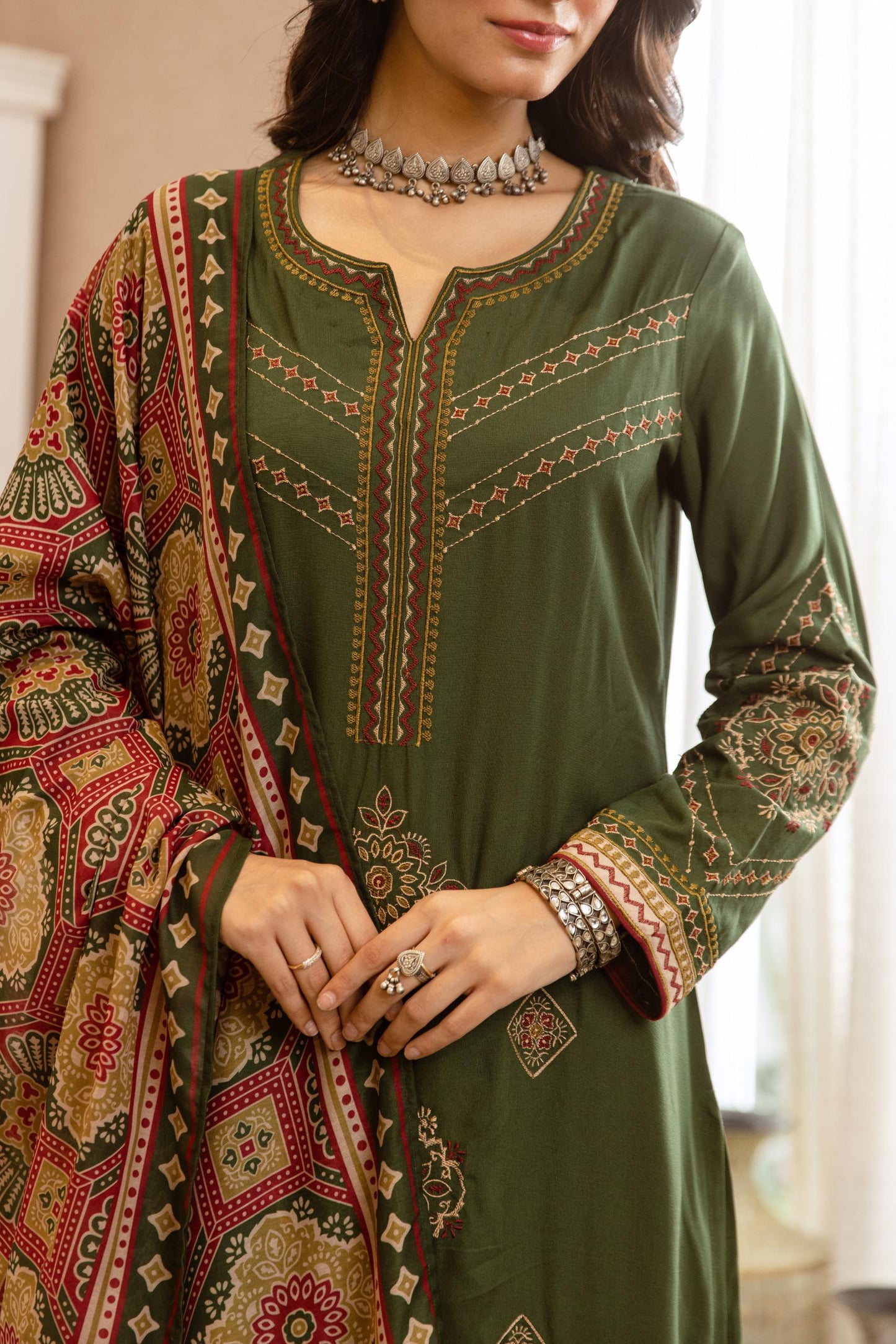 Cotton modal fully embroidered smart three piece set (B245)