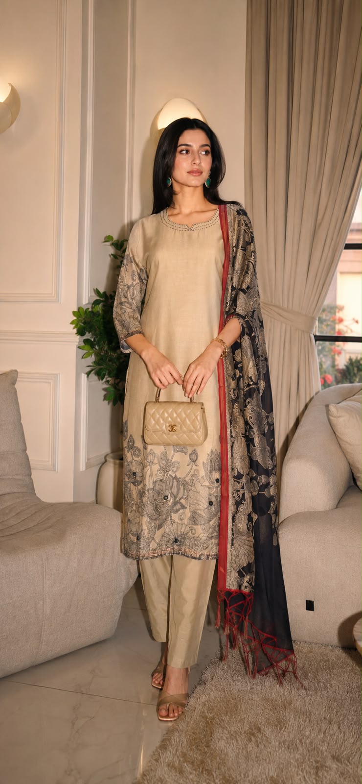 Mul chanderi ivory colour three piece set (C227)
