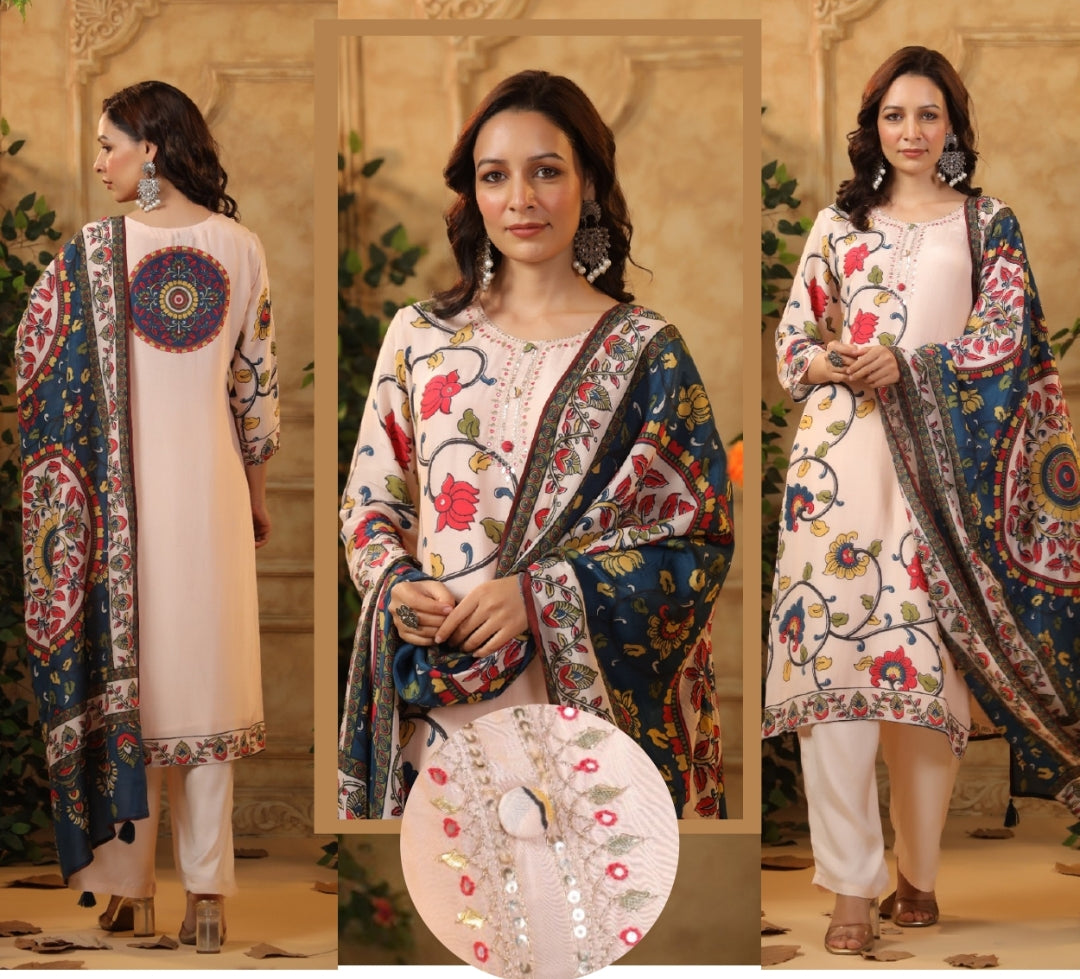 Pure crape silk with kalamkari dupatta designer three piece set (P1667)