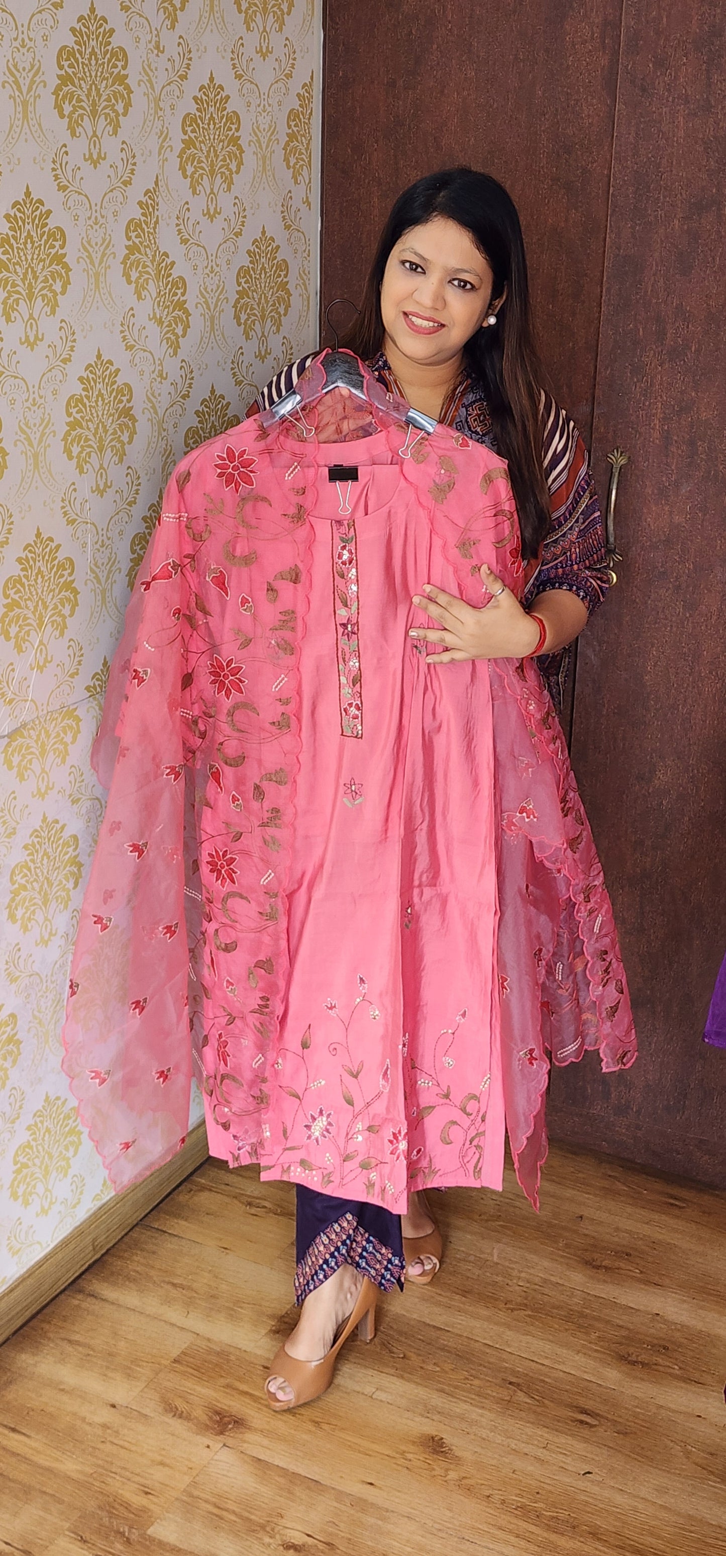 Pink pure muslin with katha work three piece set (P1043)