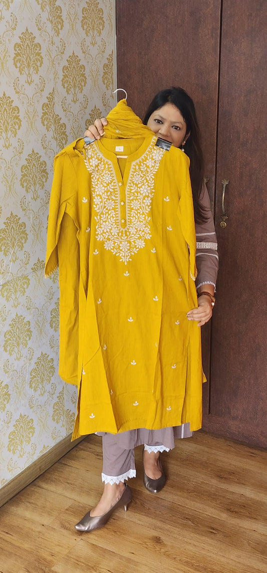 Turmeric yellow full chikankari three piece set (P745)