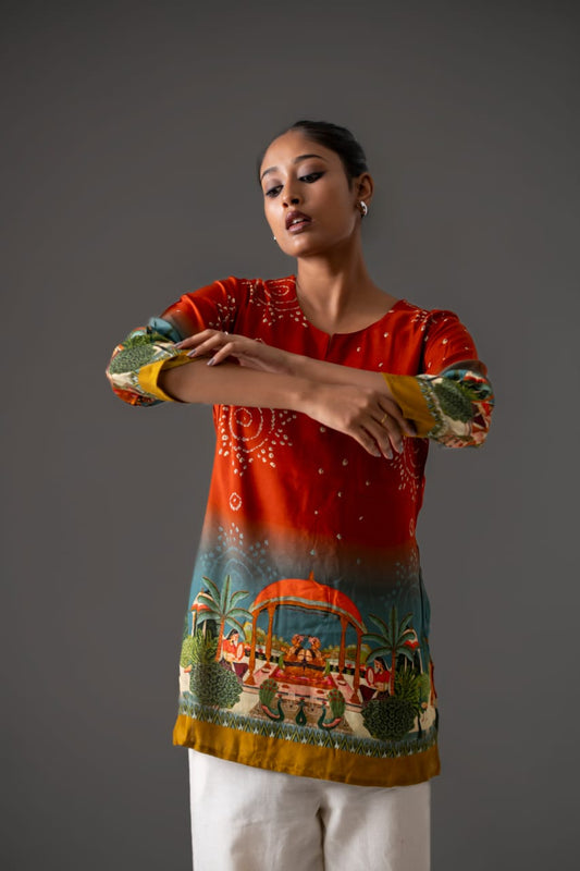 Orange pichwai pure muslin top (A749)
