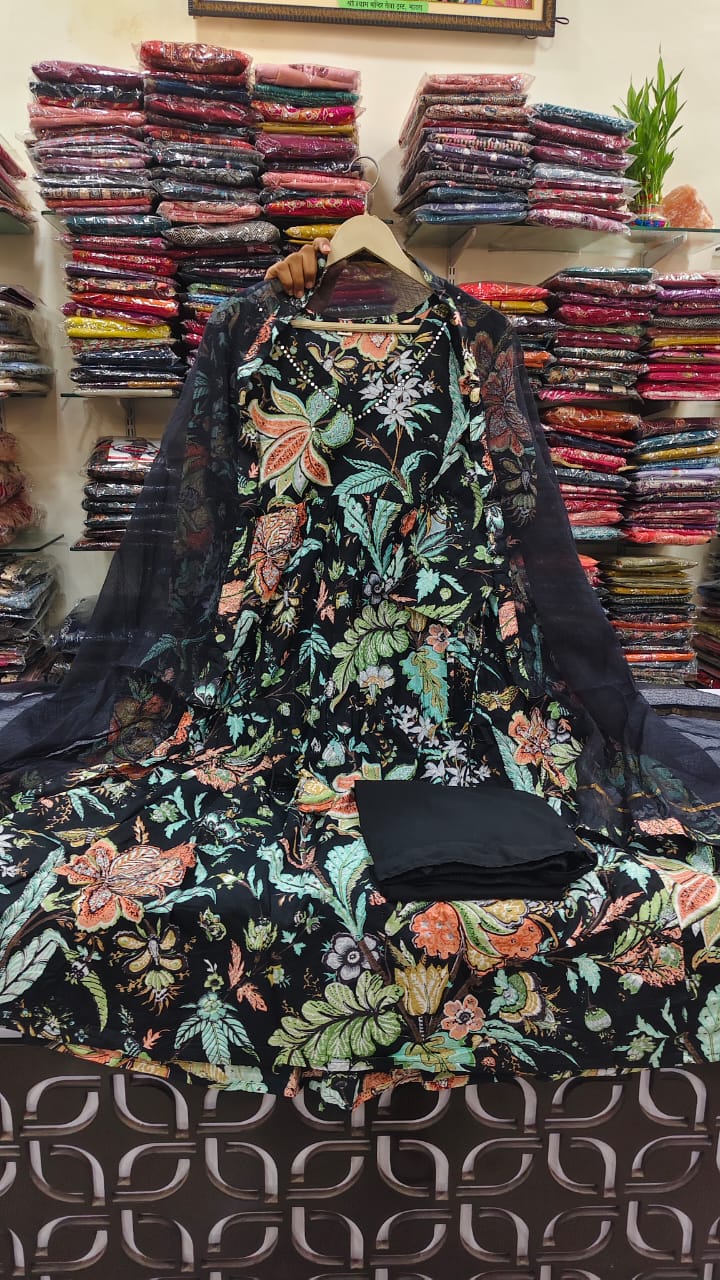 Black flared cotton anarkali three piece set (A1288)