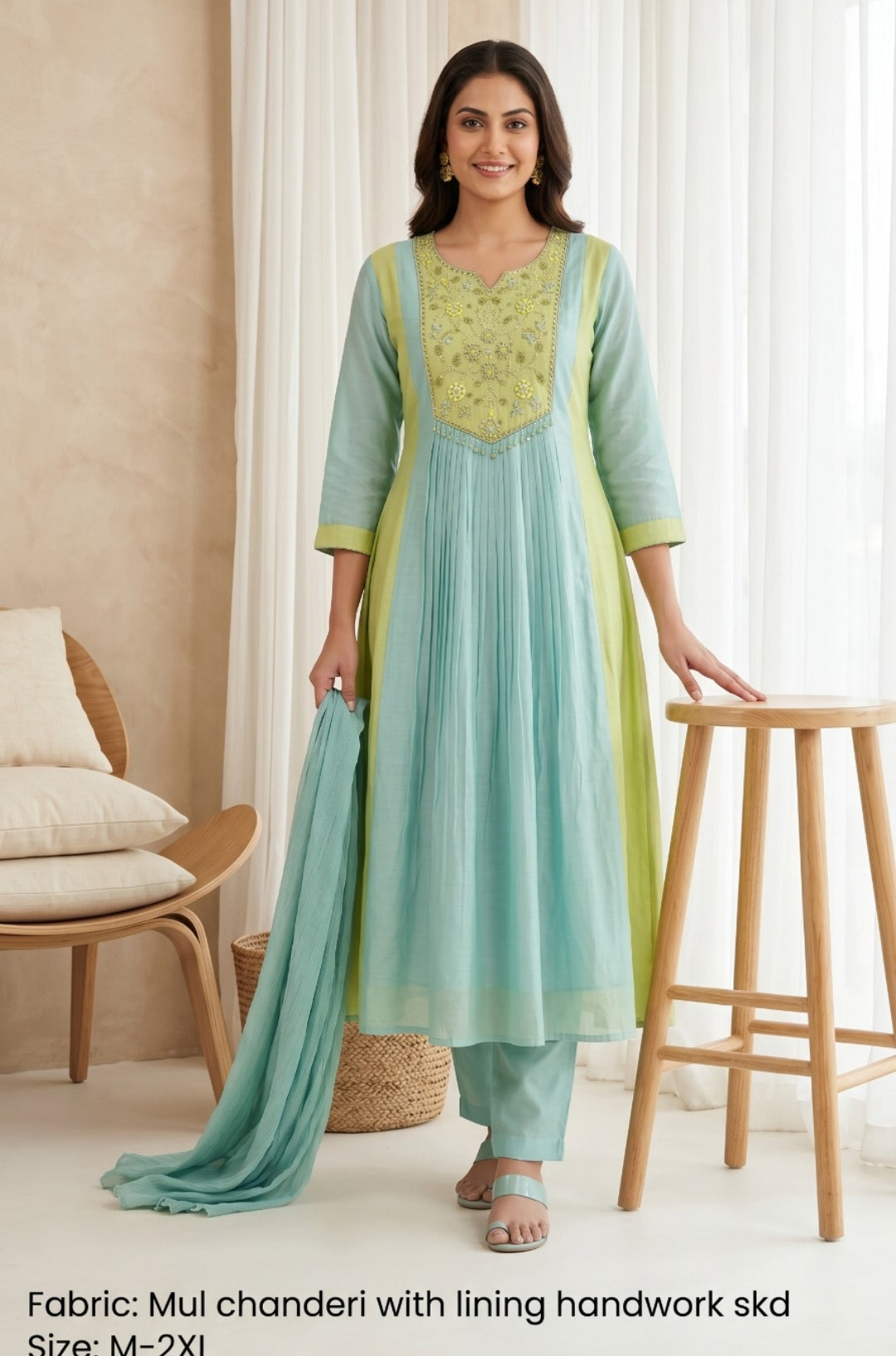 Mul chanderi with hand work three piece set (B1046)