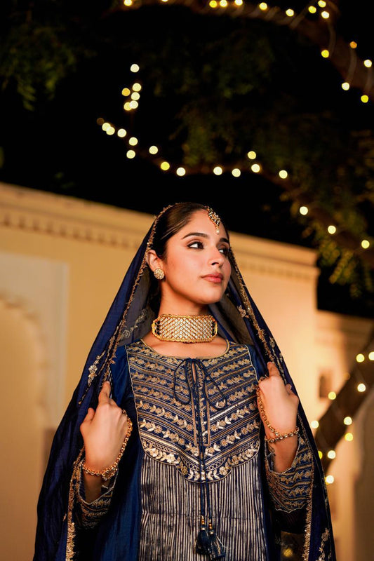 Blue pure mul chanderi with tissue designer three piece set (A1292)