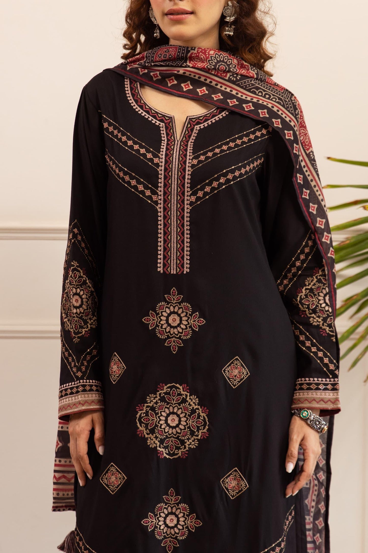 Cotton modal fully embroidered smart three piece set (B244)