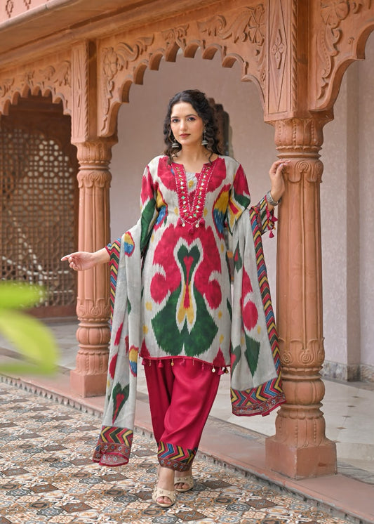 Pure crape with mul lining patola print smart three piece set (C701)