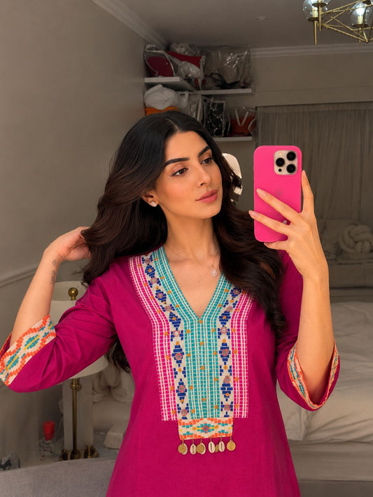 Kashmiri embroidered cotton flex smart two piece cordset (B812)