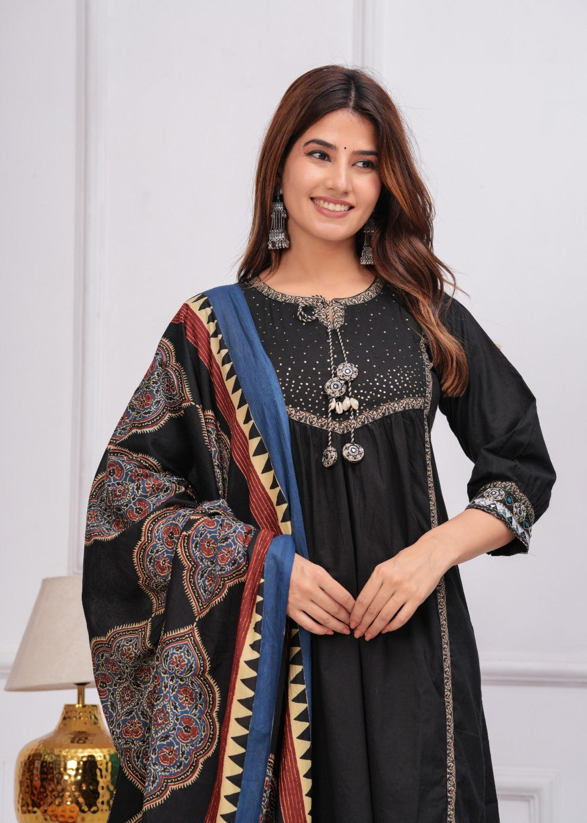 Black pure cotton with ajrakh dupatta three piece set (P831)