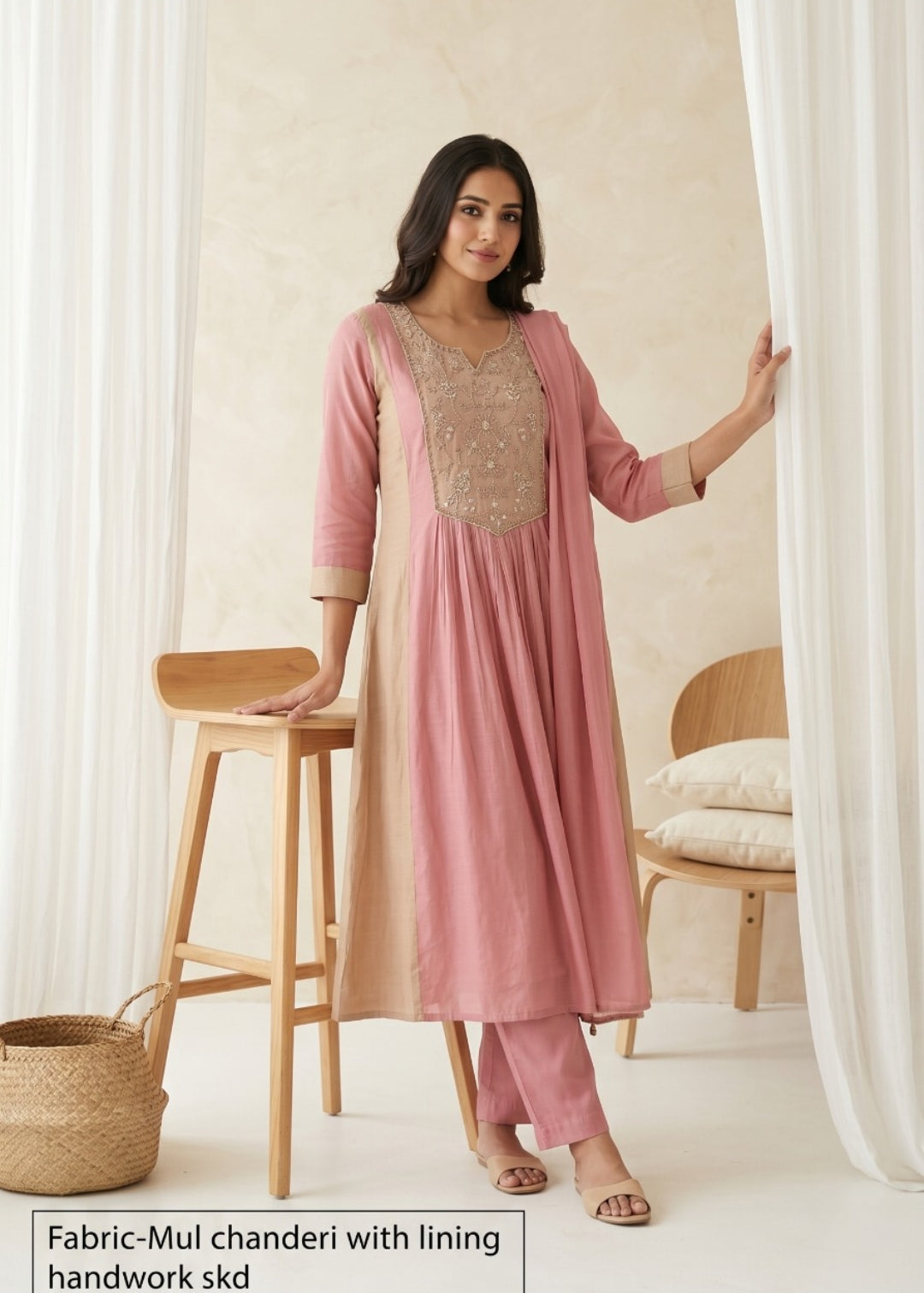 Mul chanderi with hand work three piece set (B1045)